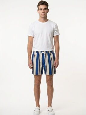 Original Use Men XXL Tie Front Vertical Stripe Beach Swim Trunk Shorts Blue Tan
